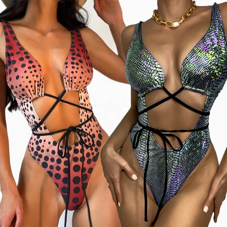 2025 Lady Hot Selling Fashion Shiny Snake Gradient Dot Blue Ocean Colorful Swim Clothing Back Out Drawstring One Piece Swimwear