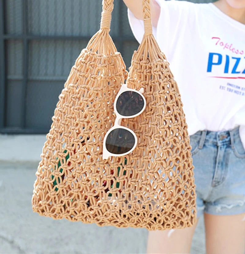 Simple Handmade Cotton Rope Straw Women Hand Bags Vintage  Crochet Macrame Beach Bags Clutch Purses and Handbags Ladies