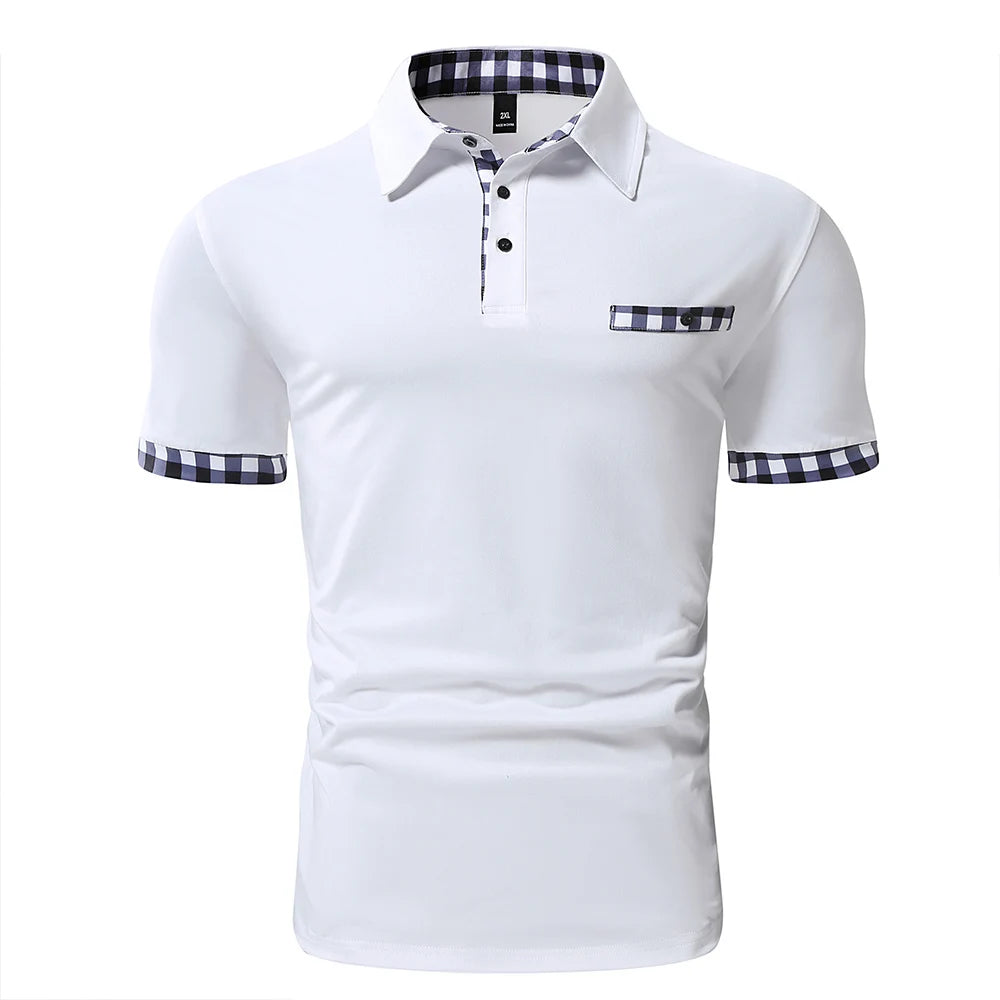 Cotton Polyester Blend Breathable Men's Short-sleeve Plaid Spliced Polo Shirt with Chest Pocket Custom Logo Wholesale MegaBDM
