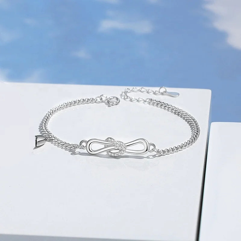 925 Silver Classic Simple Bow-Shaped Fine Chain Link Bracelet for Couples