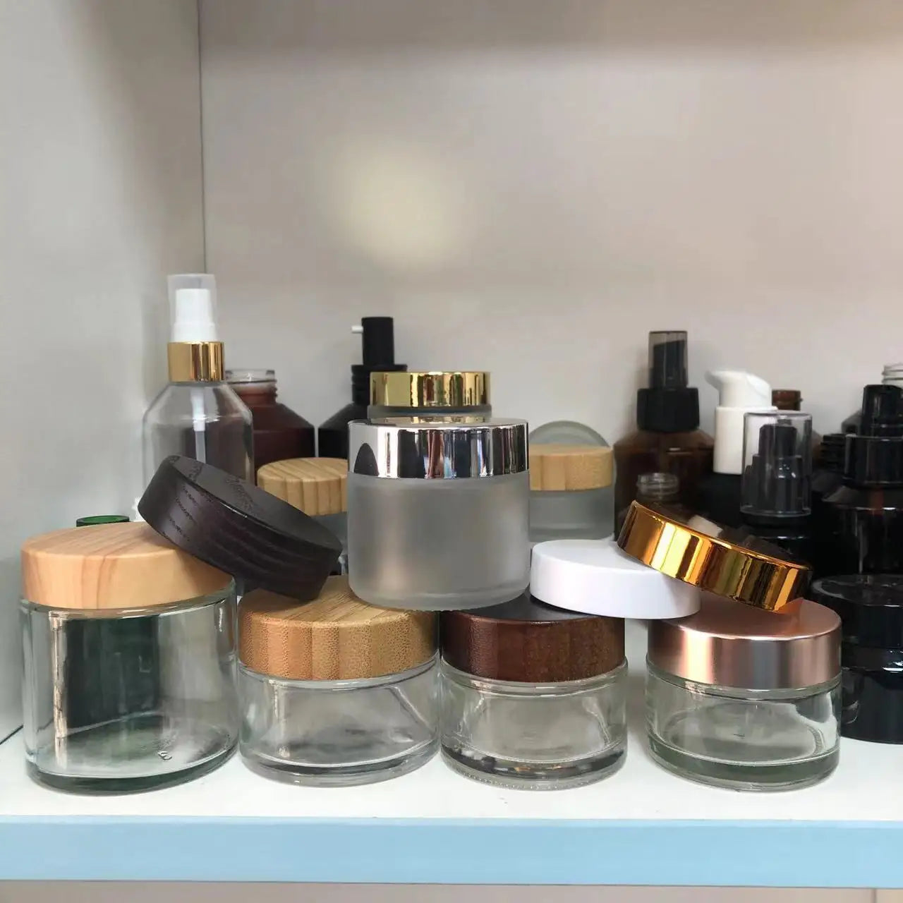 Empty Frosted Glass Cream Jars Bottle Vials with Wood Grain Lid Lotion Jars Cosmetic Comtainers Refillable Glass Cream Box Jar