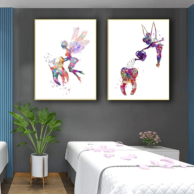 Canvas Print Teeth Wall Pictures Clinic Decor Dental Art Tooth Fairy Watercolor Wall Art Poster Canvas Painting