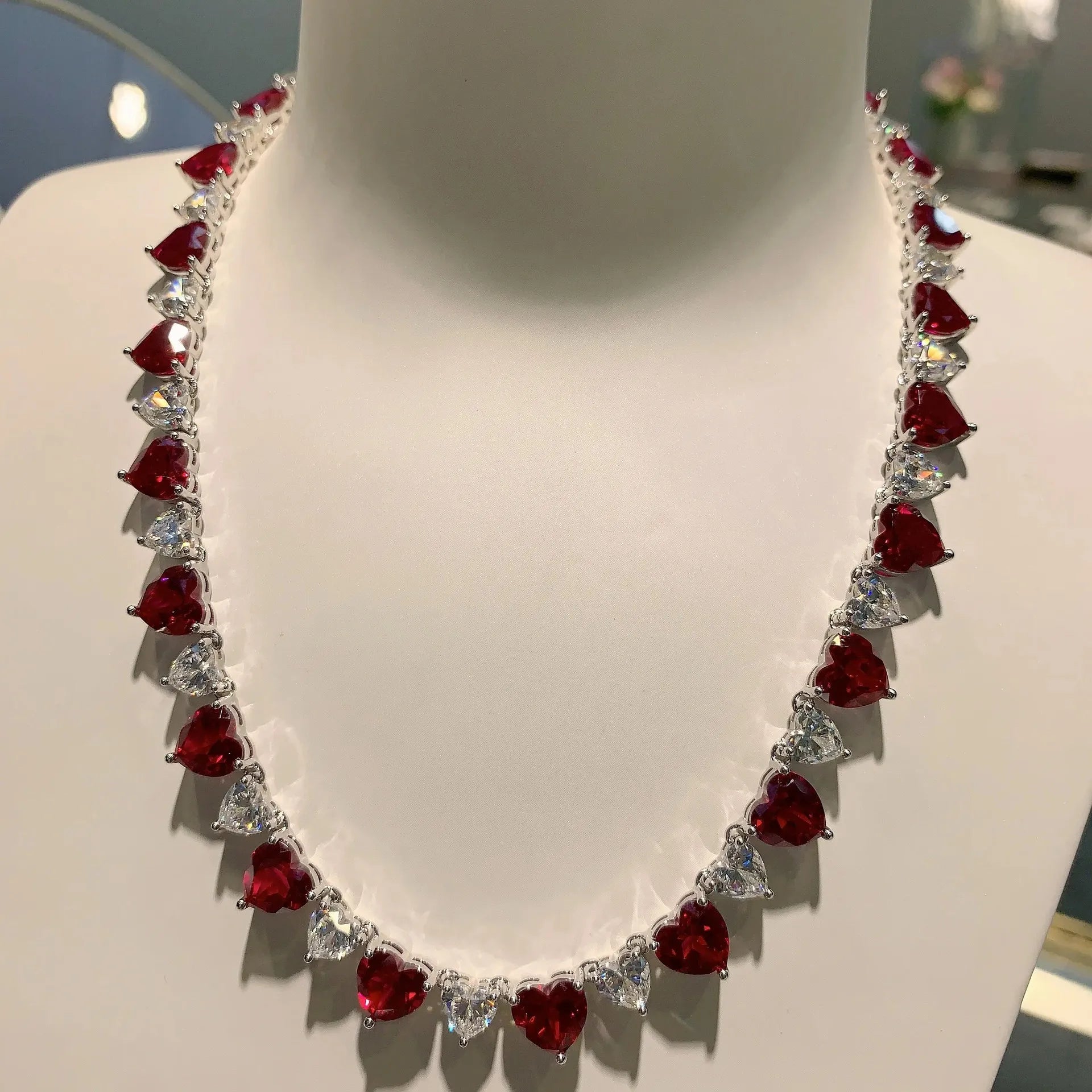 925 Silver Bling Iced Out Gemstone Tennis Jewelry Red Green White Heart Cubic Zirconia Tennis Choker Necklace