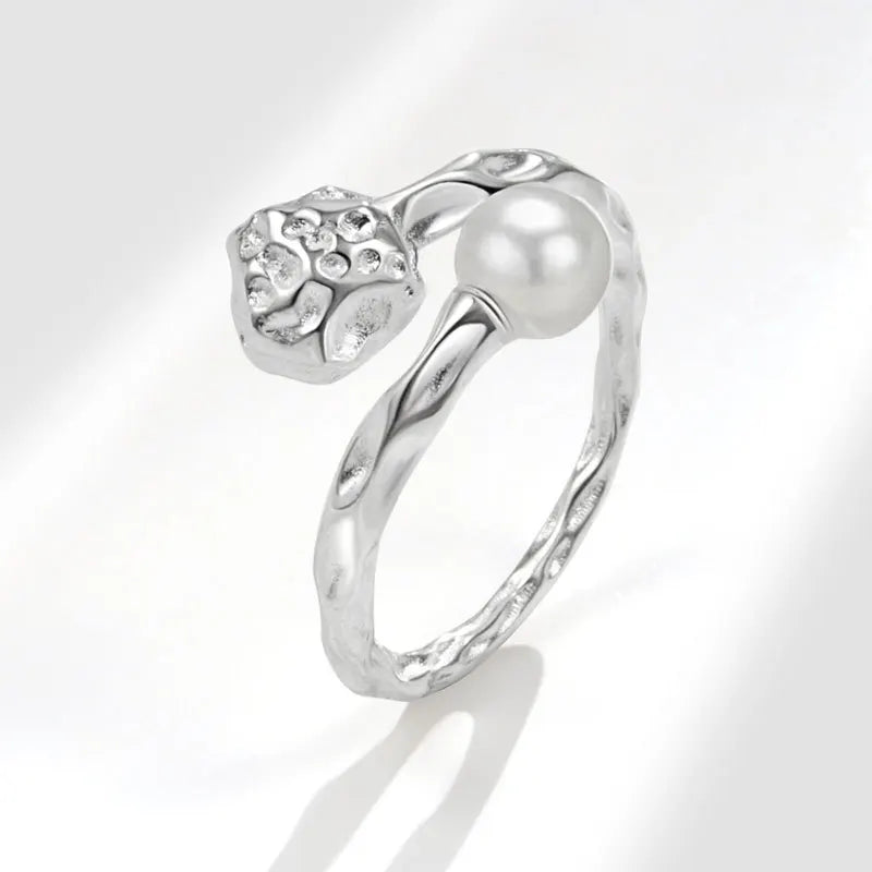Adjustable Silver Plated Cubic Zirconia Rings for Women Simple Design Pearl Open Ring