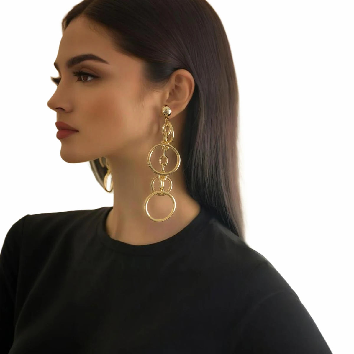 Designer Long Cross Circle Linked Stud Earrings for Women Trendy Ladies Daily Earrings Accessories Fashion Jewelry Female Gifts