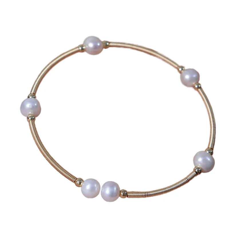 Gold-Plated Freshwater Pearl Bracelet Elegant 6mm Natural Bangle Handmade Classic Style Jewelry for Women Perfect Wedding Gift