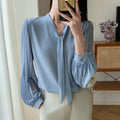9015# Blouse Women Long Sleeve Blue Blouses Shirt Women Tops Bow V-neck Chiffon Blouse Clothes Blusas Blusa
