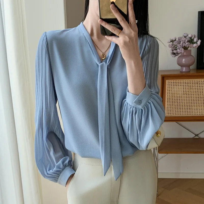9015# Blouse Women Long Sleeve Blue Blouses Shirt Women Tops Bow V-neck Chiffon Blouse Clothes Blusas Blusa