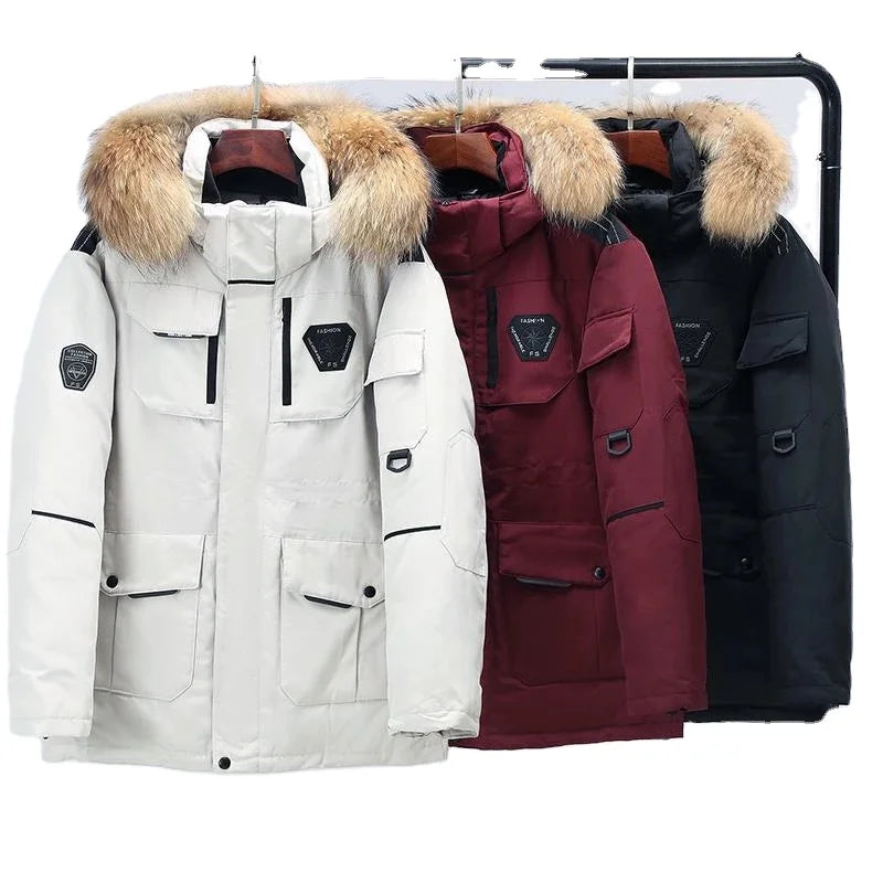 Warm White Duck Down Parka Mens Winter Jacket  Multi-pocket Hooded Jacket Male Casual Fur Trim Men's Mid-length Coat