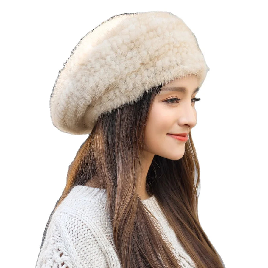 MWFur Fashion Winter Women Hats Hand Knitted Luxury Mink Fur Hat Ladies Beret Hat for Winter Street Fashion Lady