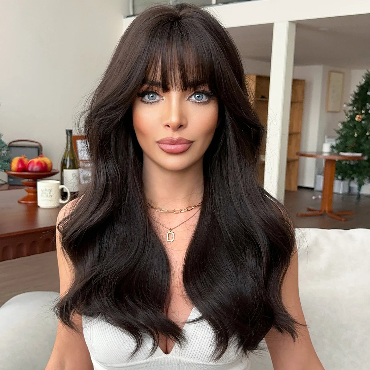 Dark Brown Wig Long Wavy Loose Wigs with Bangs Synthetic Fashionable High Quality Heat Resistant Black Hair Wigs for Women Girls