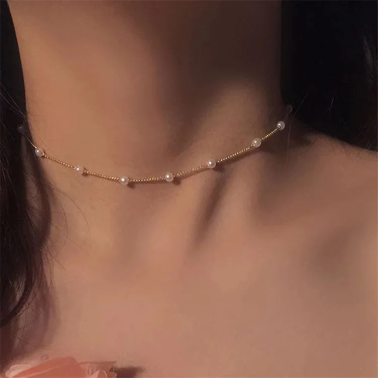 SC Gold Silver Plated Beads Chain Necklace Fashion White Round Tiny Pearl Clavicle Chain Adjustable Women Pearl Necklace