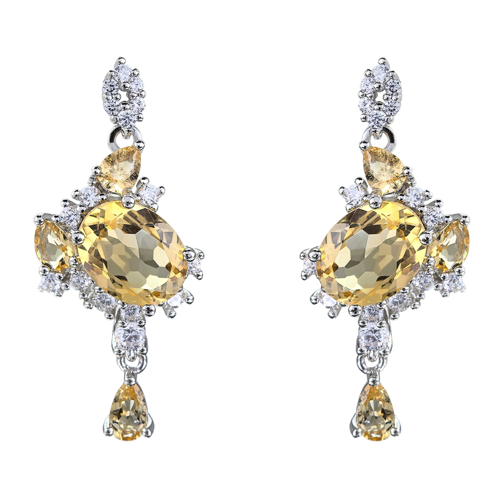 Trendy Rhodium Plated 925 Silver Jewelry Natural Citrine Drop Earrings for Women Birthday Gift