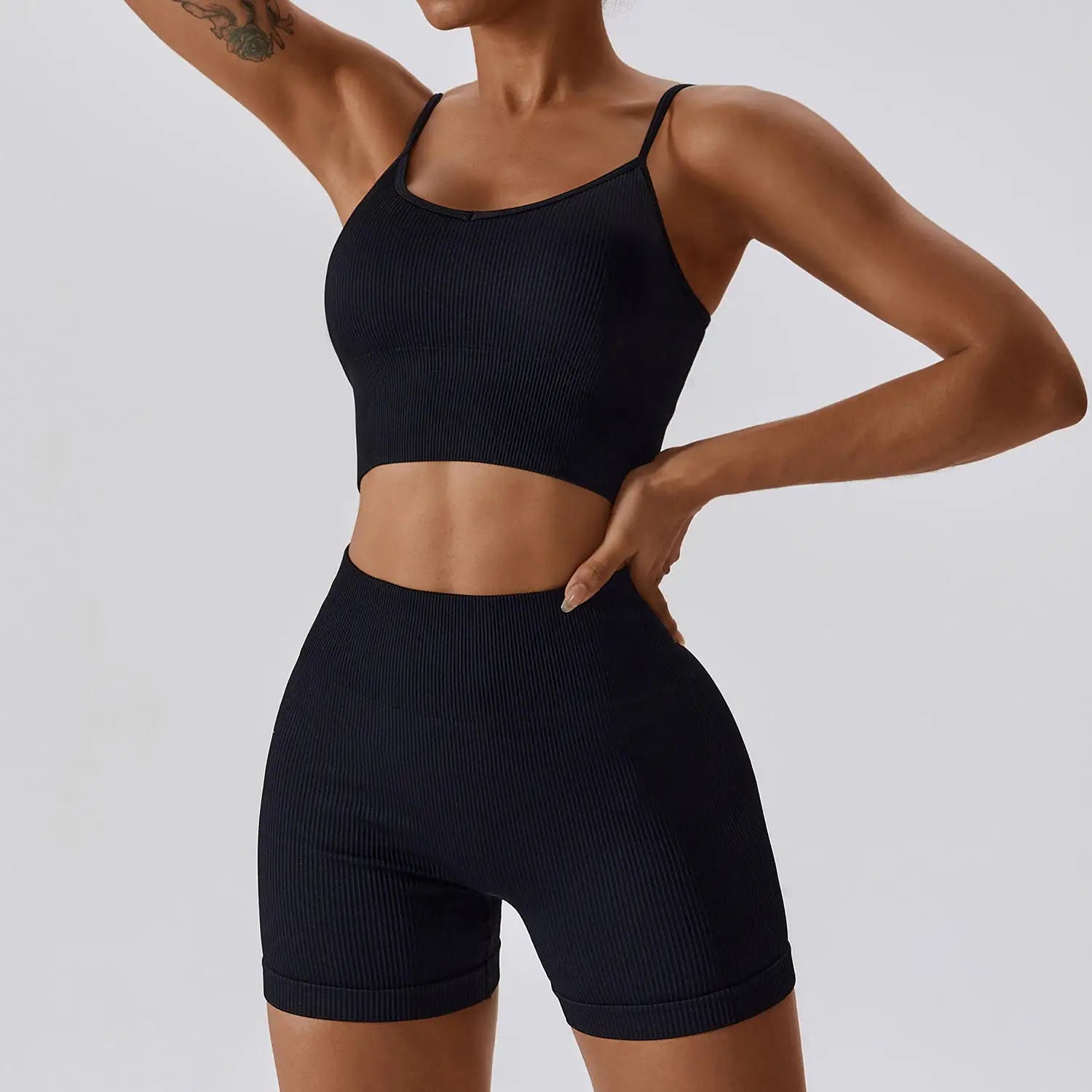 Women's Sexy Quick-Drying Breathable Yoga Set Soft Sports Fitness Backless Seamless Thread Solid Pattern Elastic Waist Closure