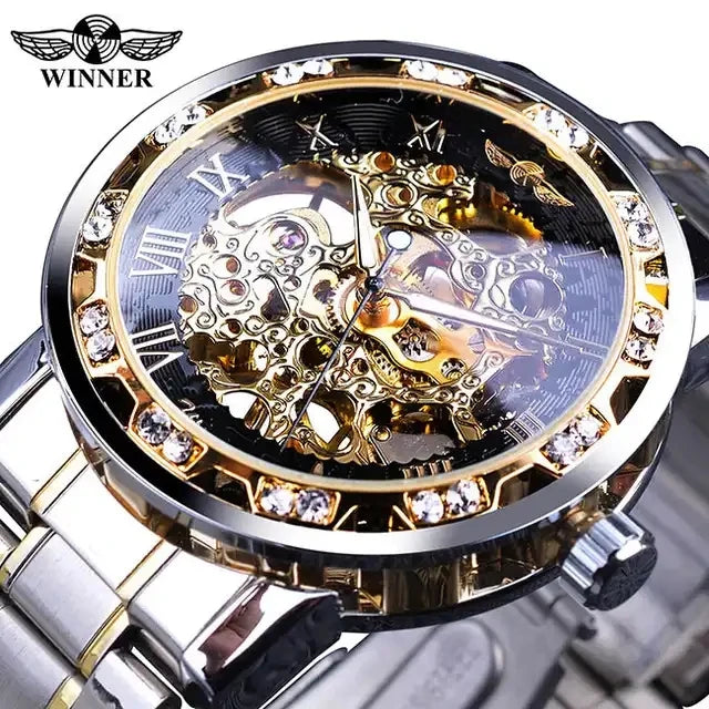Winner Men Luxury Transparent Fashion Diamond Luminous Gear Movement Royal Design Male Mechanical Skeleton Wrist Watch Gift
