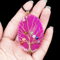 Hot Sale Handmade Fashion Chakela Stone Gold Wrap Wire Life Tree Pendant Necklace Rosy Agate Natural Stone Rope Chain Necklace