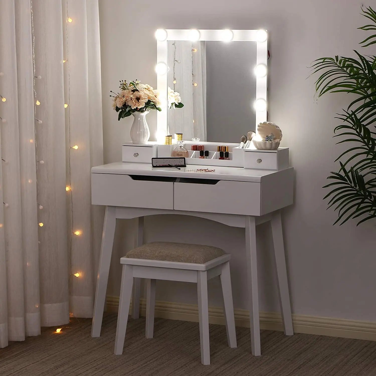Guangzhou Furniture Foshan Dressing Table Vanity Makeup Modern White Corner Dresser With Led Mirror