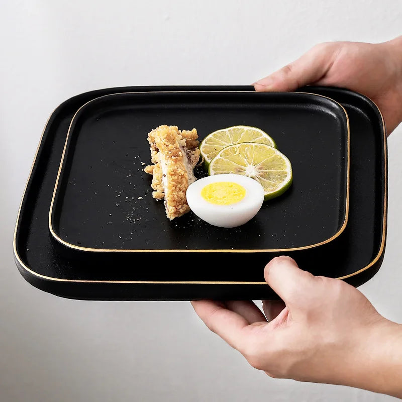 Kitchen Supplies Tableware Dish Bowl Salad Plate 6 8 10inch Japanese square Matte  Black Porcelain Dinnerware Flat Buffet Plate