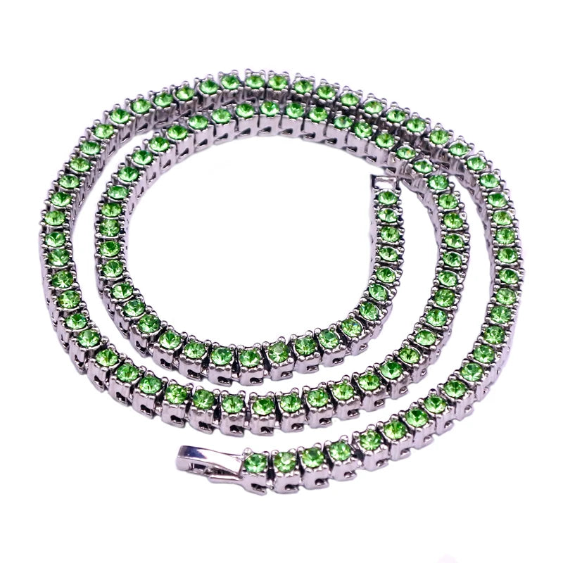 Personality New Fashion Stock Hip Hop Jewelry 14K Gold Plated Green Crystal 5.5MM Iced 1 Row Link Chain Unisex Necklace