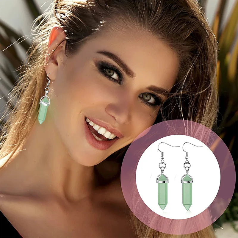 Crystal Hexagonal Gemstone Bullet Shape Energy Healing Pointed Chakra Pendants Quartz Crystal Stone Charm Earrings Drop Jewelry