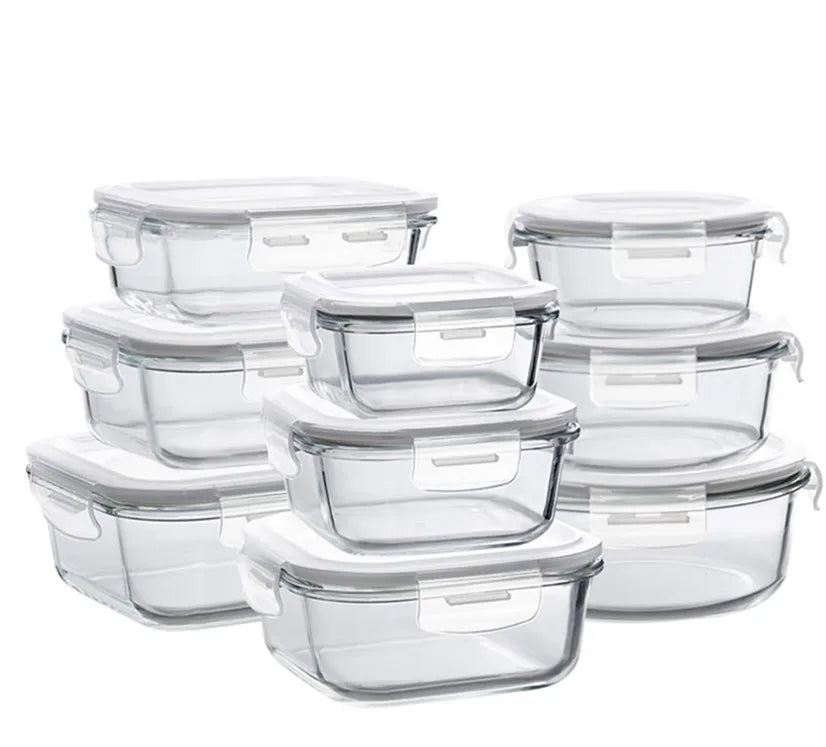 9PackAirtight Eco-Friendly Oven Safe High Borosilicate Glass Meal Prep Food Container Set Bento Box With Locking Lids