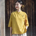 M-4XL Chinese Style Oblique Placket Pan Button Cotton Linen Shirt Loose Zen Tang Style Linen Vintage Long Sleeved Shirt
