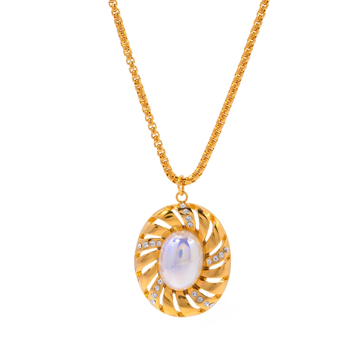 J&D Jewelry Stainless Steel 18K Gold Plated Rhinestone Texture Shiny Pearl Pendant Necklace Women
