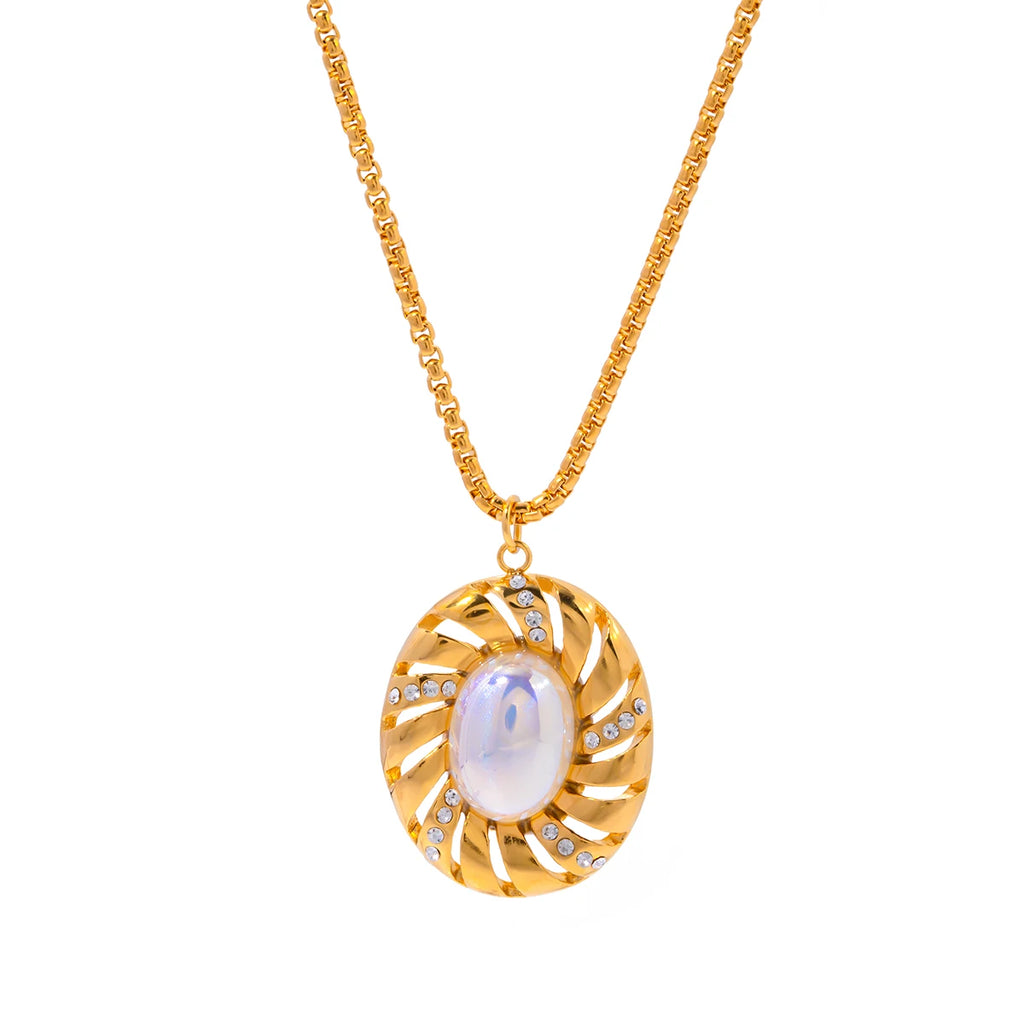 J&D Jewelry Stainless Steel 18K Gold Plated Rhinestone Texture Shiny Pearl Pendant Necklace Women