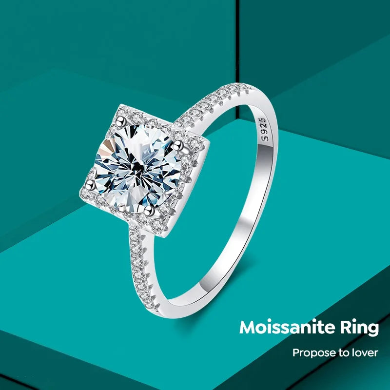 Luxury Real Gemstone Round Moissanite Ring 925 Sterling Silver 1ct Carat White Gold for Women Engagement Fine Jewelry