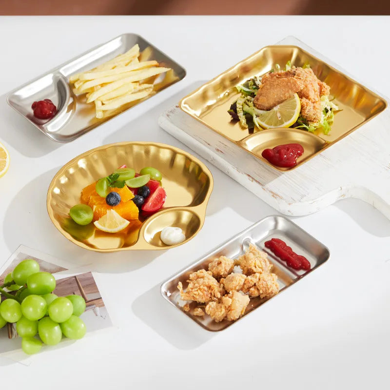 Wholesale Korean Stainless Steel Divided Sauce Plate Rectangle Dipping Sauce Dish Food Serving Trays Dumpling Dividing Plate