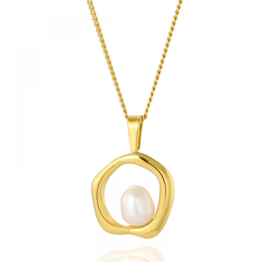 14K Gold Plated Stainless Steel Diadema Shape Pendant Necklace Trendy Stainless Steel Round Pearl Necklaces for Women