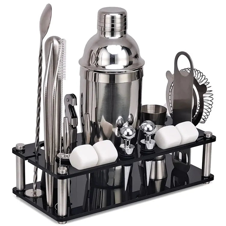 Top Seller 750ml Professional Mixology Bartender Kit Stainless Steel Boston Cocktail Shaker Set Acrylic Holder Newest Bar Tools