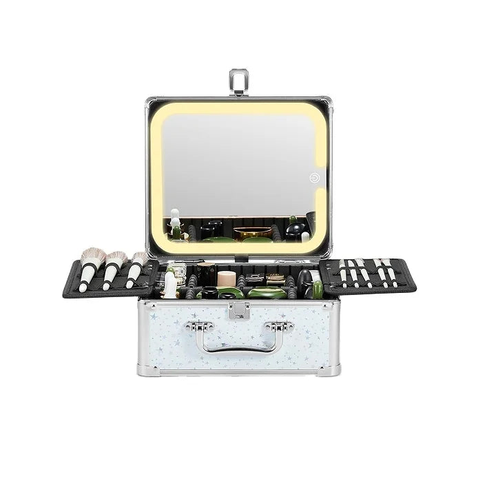 Cosmetic Organizer Makeup Suitcase with Adjustable Dividers and LED Mirror(Snow White)
