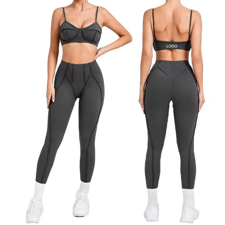 Women's Summer High Waist Butt Lifting Yoga Leggings with Bra Sexy Two-Piece Spandex Set Breathable Solid Pattern Front Logo