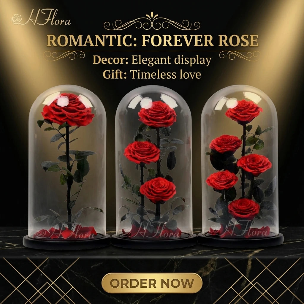 Customized Valentine's Day & Graduation Romantic Gift Handmade Preserved Rose in Glass Dome 3 Big Prince Eternal Flower Bouquet