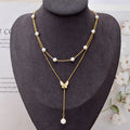 Fashion 18k Pvd Gold Plated Non Tarnish Stainless Steel Double Layer Butterfly Pearl Pendant Necklace Women