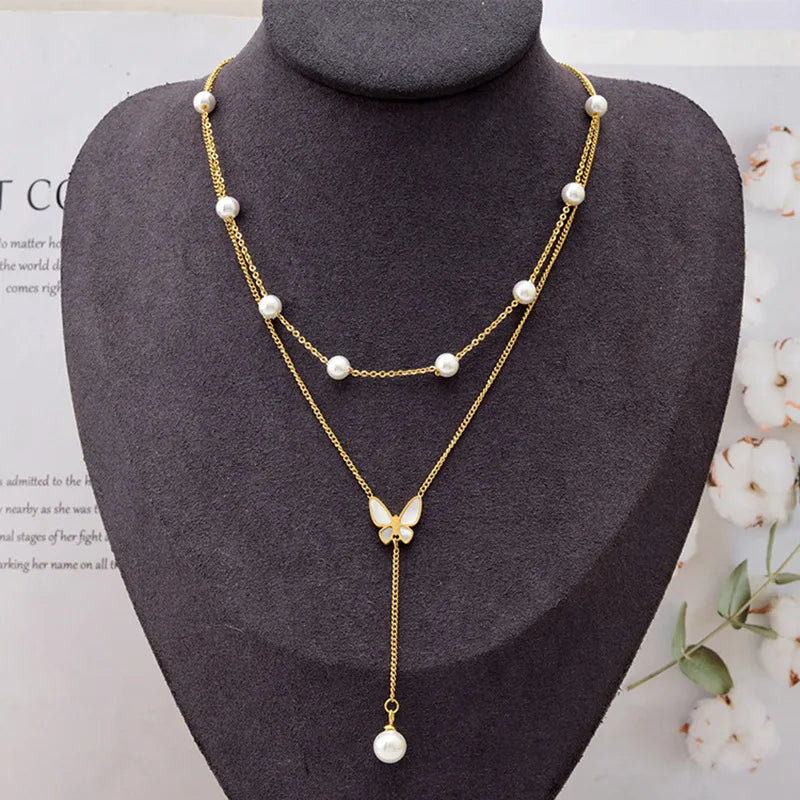 Fashion 18k Pvd Gold Plated Non Tarnish Stainless Steel Double Layer Butterfly Pearl Pendant Necklace Women
