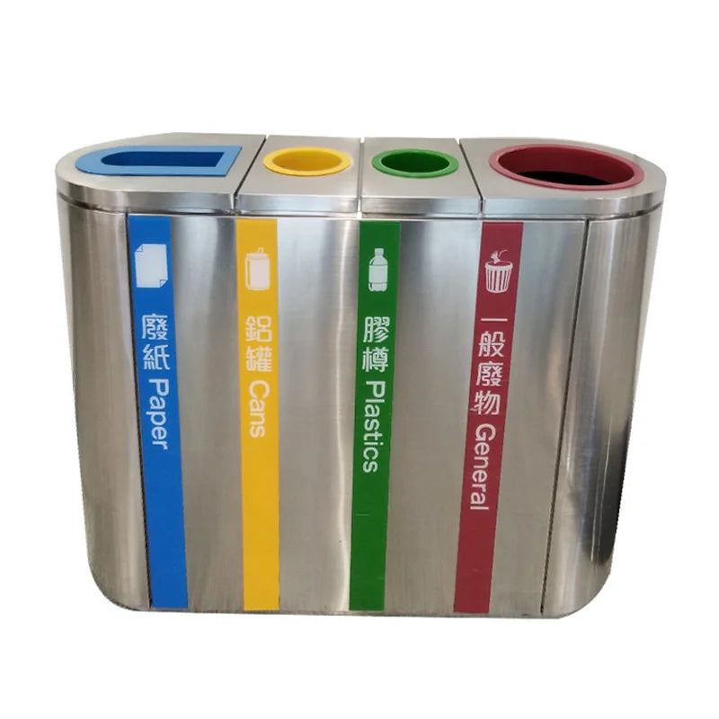 Outdoor Stainless Steel 4 Compartment Garbage Container Trash Can Airport Rubbish Litter Bin Public Commercial Recycle Dustbin