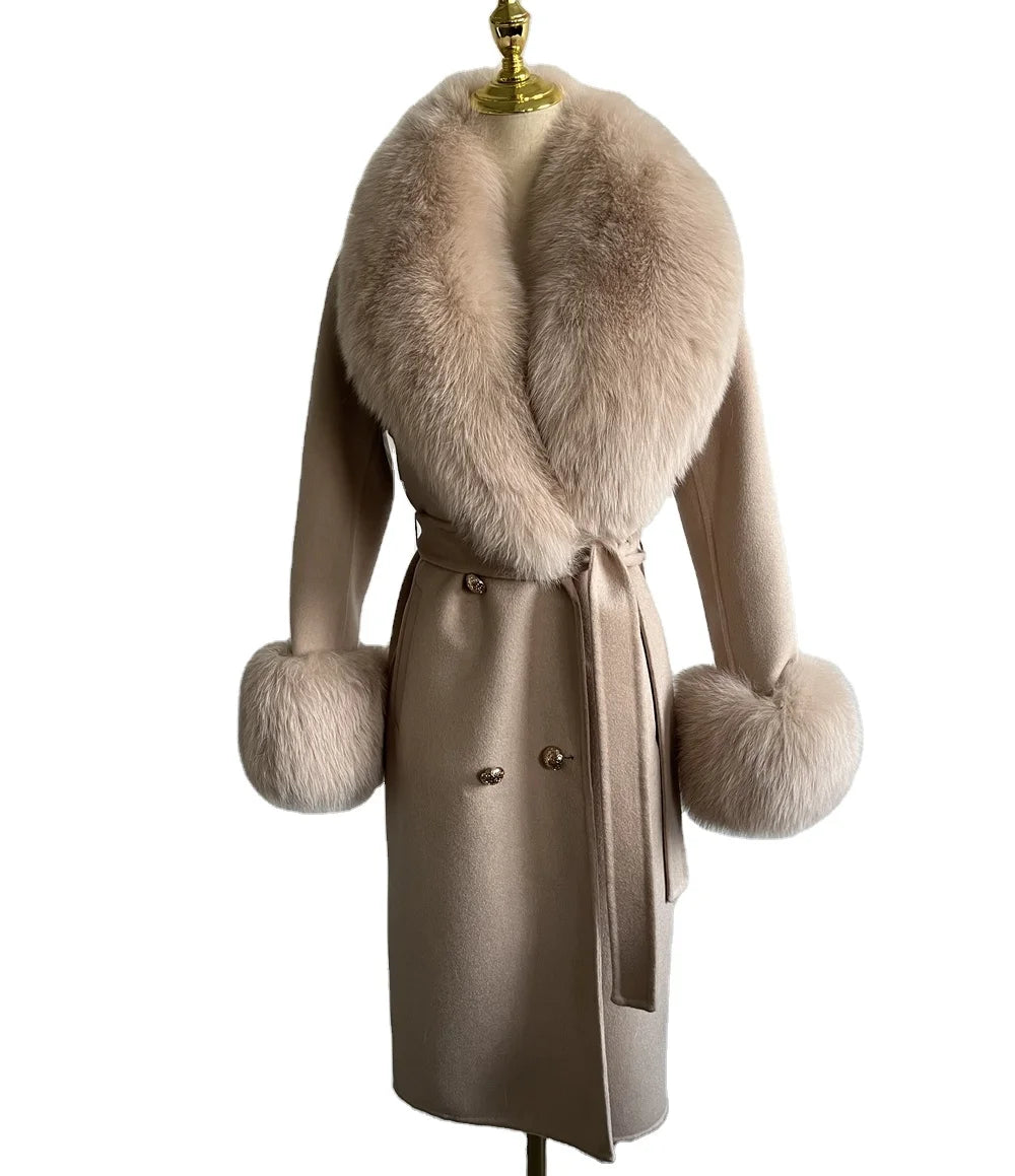 QIUCHEN QC22011 Luxury Streetwear Ladies Autumn Winter Real Fox Fur Big Collar Long Woolen Cashmere Lining Double-sided