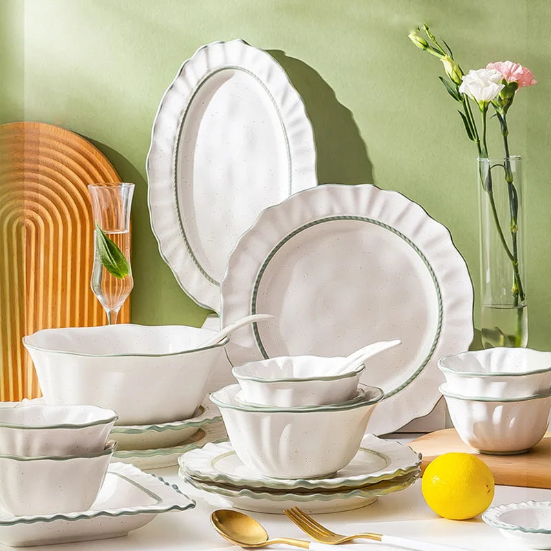 Solhui Nordic Wholesale Ceramic Tableware Set Sesame Lace Bowl and Plate  Household Rice Soup Bowl Steak Ceramic Plate