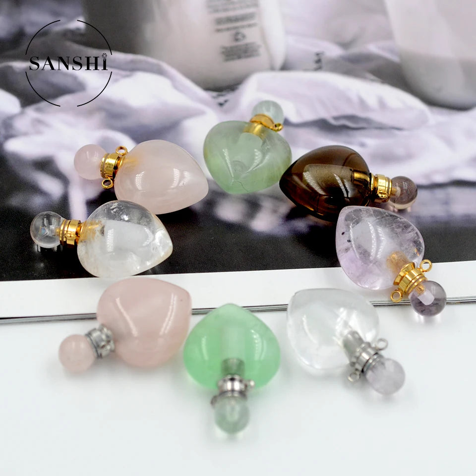 Fashion Jewelry Stock Heart Shape Perfume Bottles Stainless Steel Chain Healing Crystal Perfume Bottle Necklace