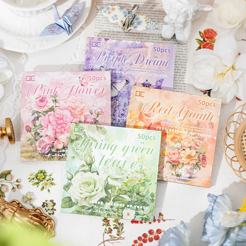 Fanghua Four Seasons Cut Film Handbook Sticker Book 50 Sheets per Pack Vintage Material Paper Flowers Decorative Stickers