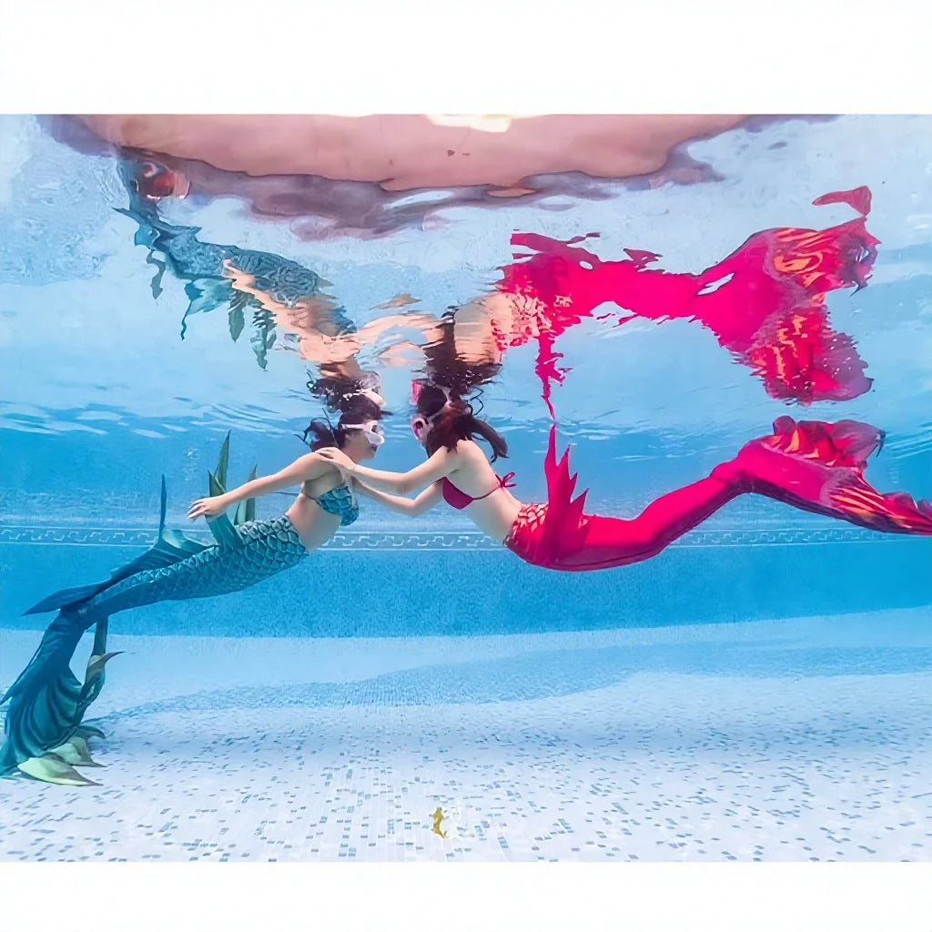 Women's Mermaid Swim Costume 2 Piece Set with Print Pattern Front Logo Mahina Fin Can Fit