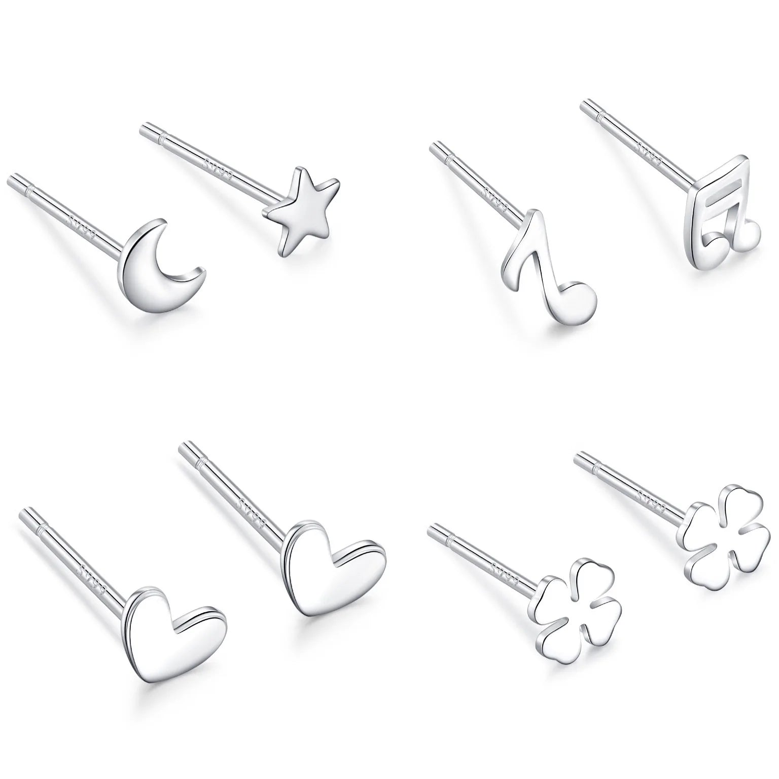 S999 Sterling Silver Earrings Hypoallergenic Stud Earrings Many Style Music Heart Star Moon Earrings Birthday Jewelry Gifts