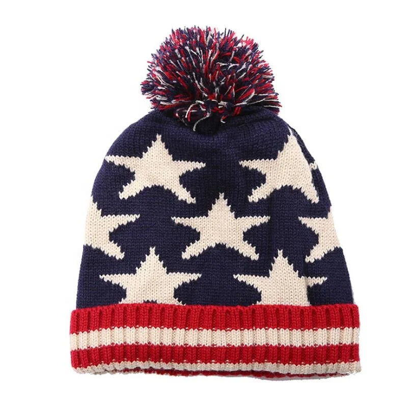 Hot Sale 100 % Acrylic Knitted Beanie With Jacquard Pom Pom Beanie Hat Outdoor Winter