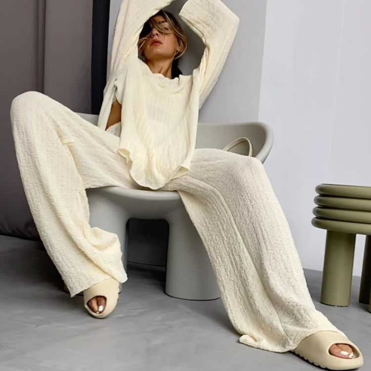 Beige Crepe Loose Oversized Loungewear Pajamas Women's Sets Slit Blouse Top and Palazzo Pants Two Piece Set Women Clothing