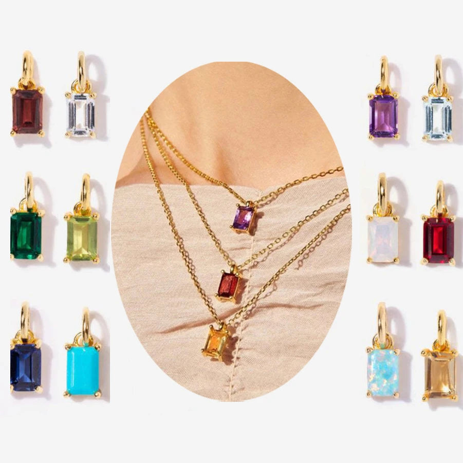 Waterproof  Fashion Gold Plated Jewelry Necklaces Stainless Steel Square Birthstone Pendant Necklace