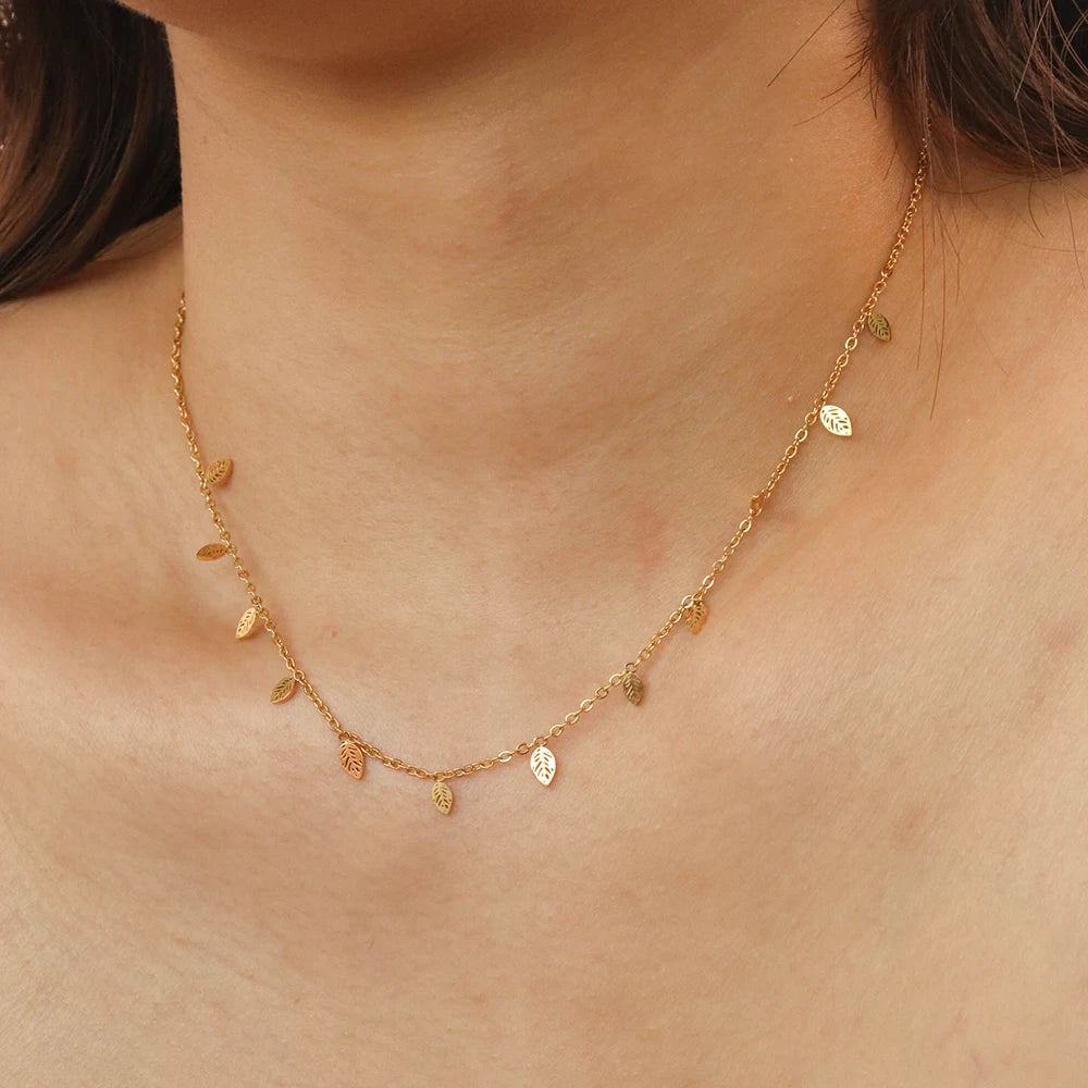 Chris April Trendy Jewelry 316L Stainless Steel 18k PVD Gold Plated Hollowed Out Eyes Leaves Charms Choker Necklace