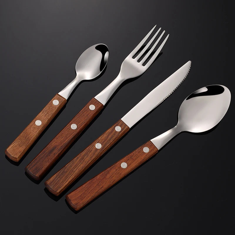 Creative Wooden Handle Restaurant Stainless Steel Silverware Metal Knife Spoon Fork Cutlery Set 1063001