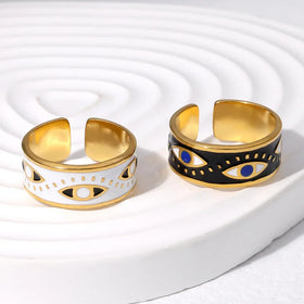 Personality Open Black White Enamel Devil Eye Finger Ring Oil Dripping Stainless Steel Evil Eyes Ring Jewelry
